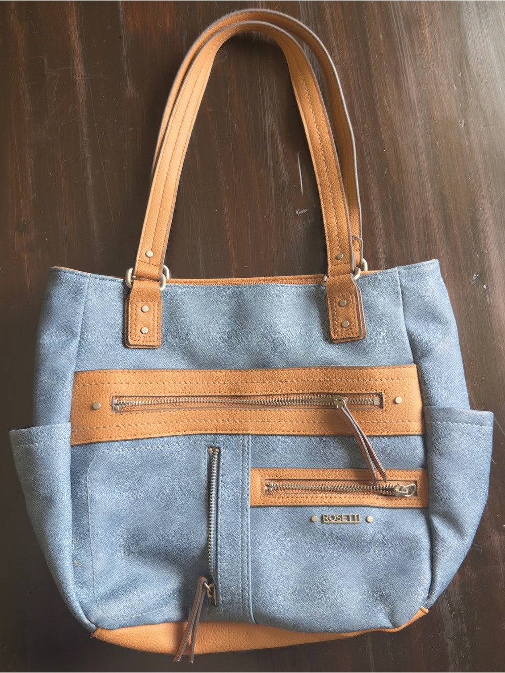 Rosetti Blue Canvas Tote with Tan Trim and Straps